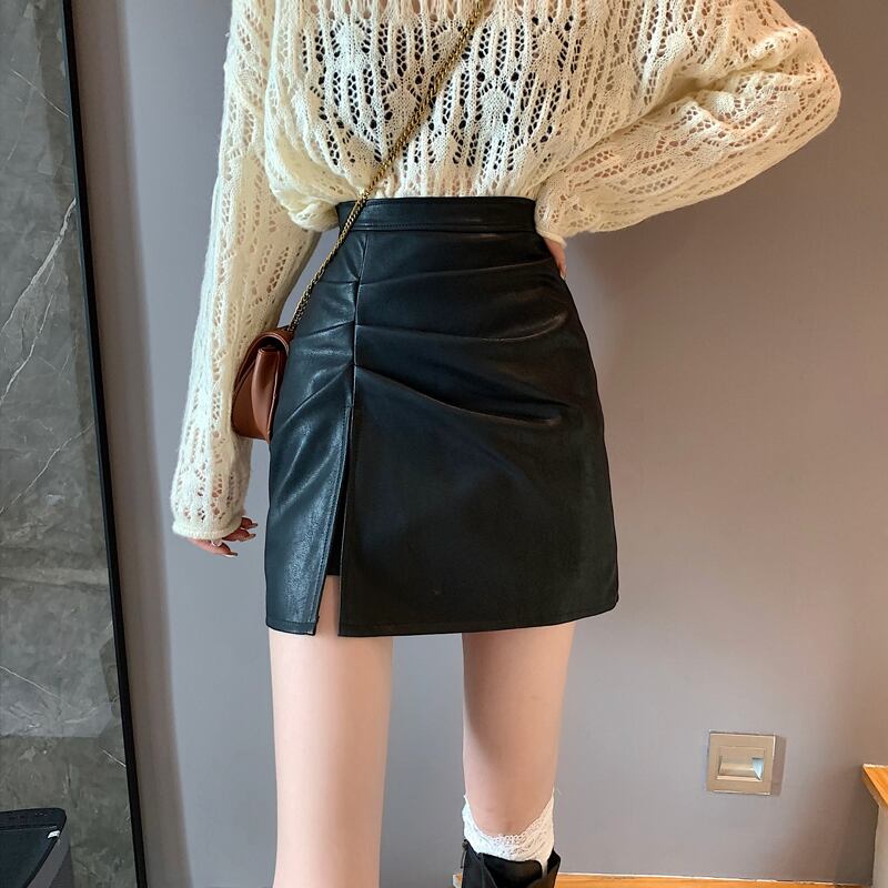 レザースカート スプリングオータムハイウェストウェスト薄手Aラインショート 春物 秋物 試着室44407653665