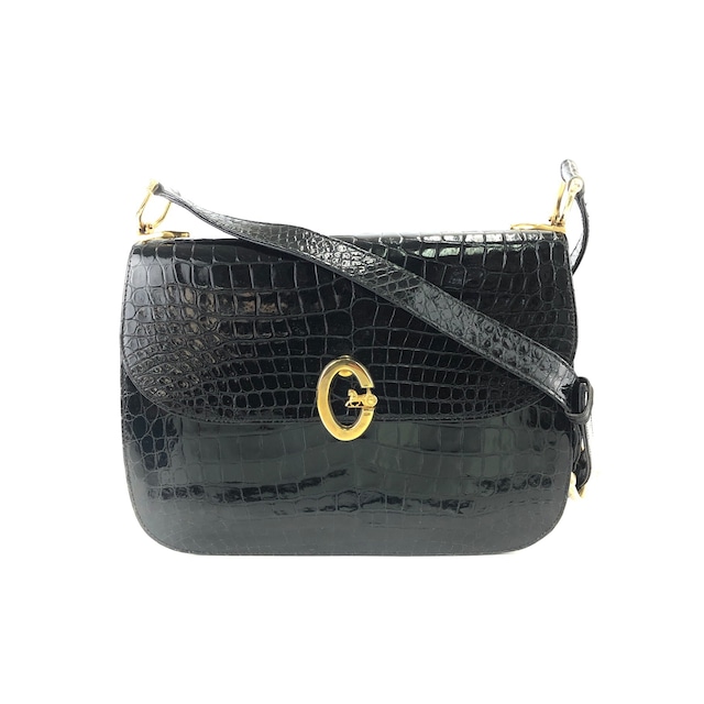 CELINE セリーヌ 馬車 ホースキャリッジ オーバル クロコ型押しレザー ショルダーバッグ ブラック vintage ヴィンテージ オールドセリーヌ 6tmne2