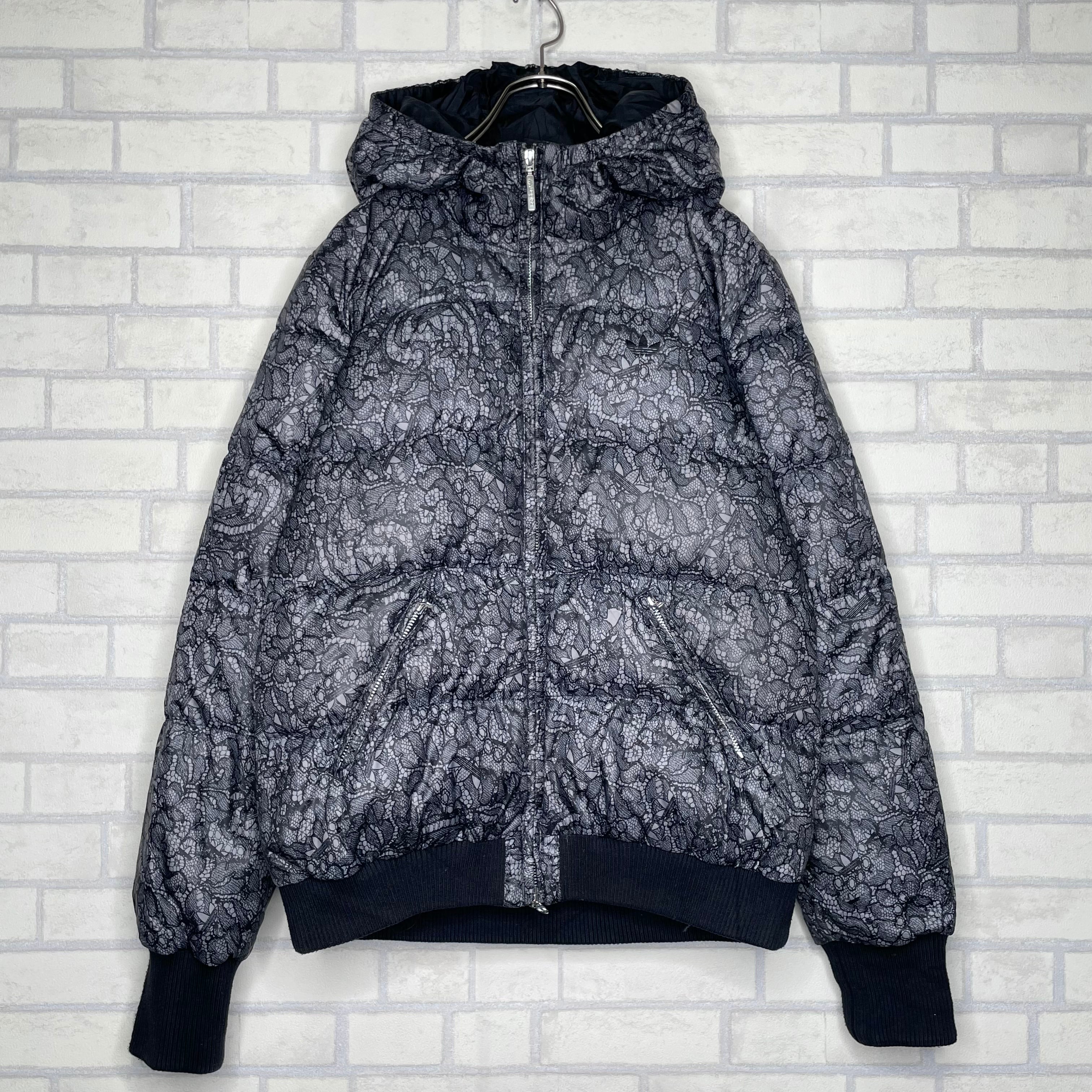 adidas ダウンジャケット L 総柄 100%ポリエステル フルジップ フード 