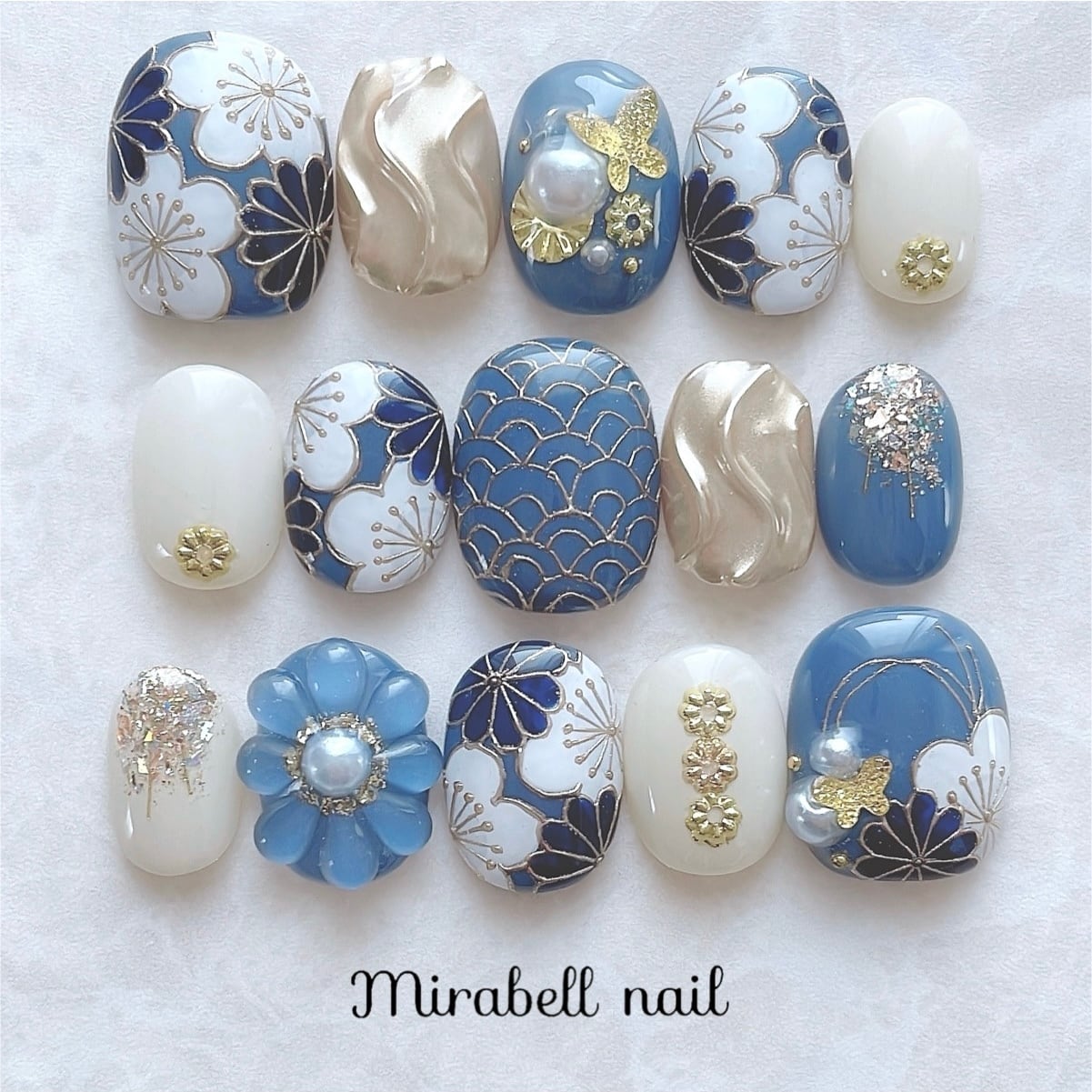 和柄 紺 ネイビー 藍色 くすみブルー 金 梅 菊 青海波 10枚 15枚 ネイルチップ オーダー セット #ncs019
