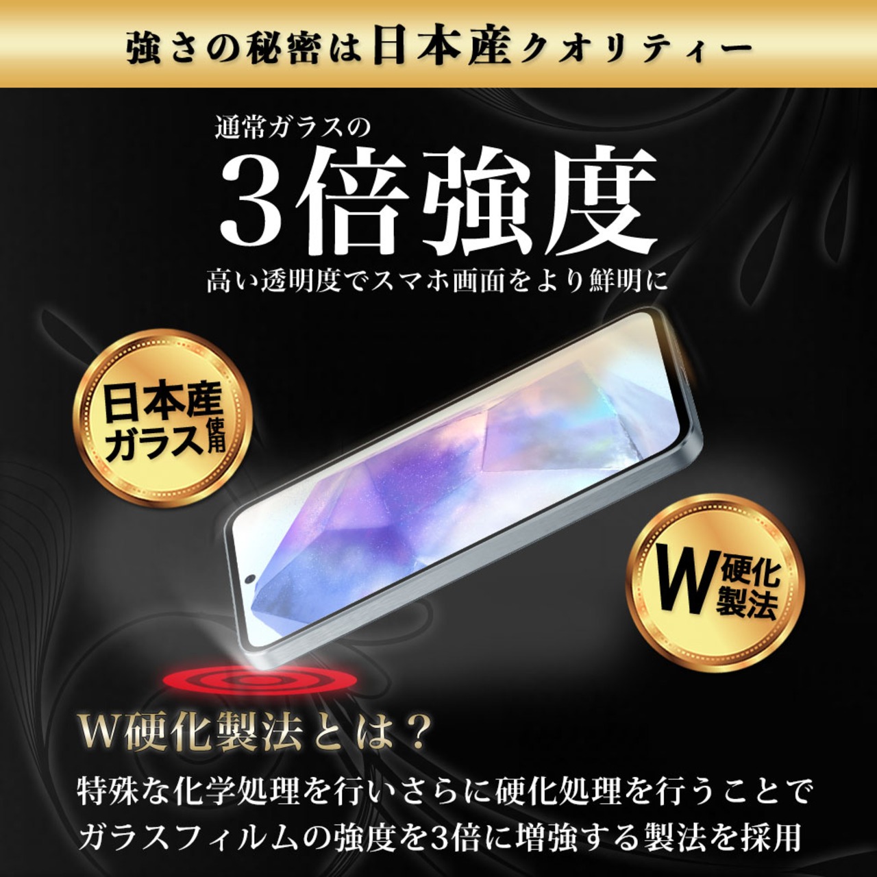 Hy+ Galaxy A55 5G フィルム SC-53E SCG27 ガラスフィルム W硬化製法 一般ガラスの3倍強度 全面保護 全面吸着 日本産ガラス使用 厚み0.33mm ブラック
