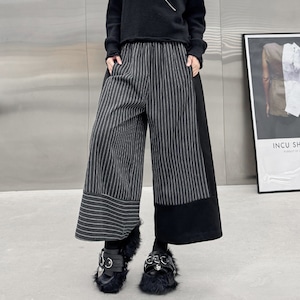 STRIPE STITCH DESIGN WIDE LEG CROPPED PANTS 1color M-8283