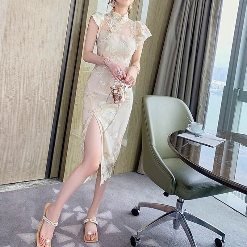 チャイナ風シースルースリットドレス L00028