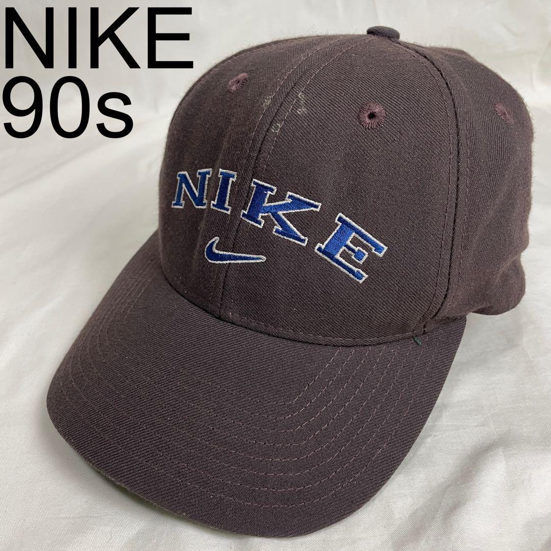 ナイキ 90s ヴィンテージキャップ ブラウン 刺繍ロゴ青ブルー 帽子 白