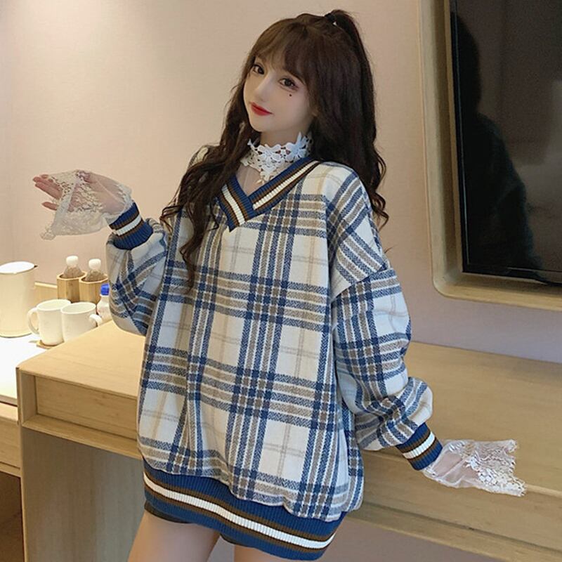 スプリングオータムルーズカラーVネックセーター 格子柄プルオーバー トップス ロング 春物 秋物 試着室41262497