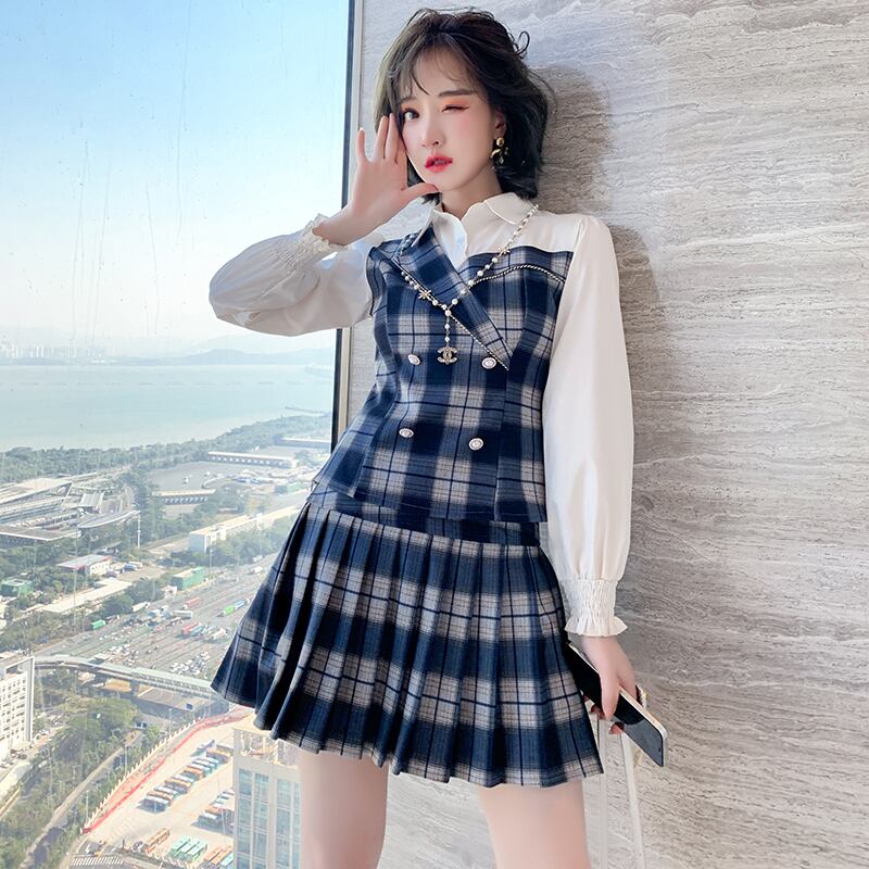 格子柄ダブルブレストシャツ ハイウェストプリーツスカート スプリング 春物 ステッチ MIUCO99518128544
