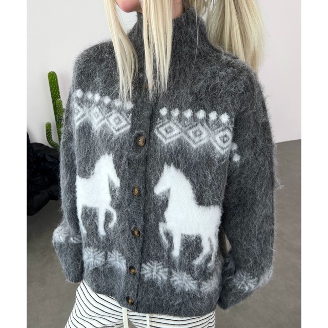 ホースモチーフノルディックパターンニットカーディガン 2col R02920