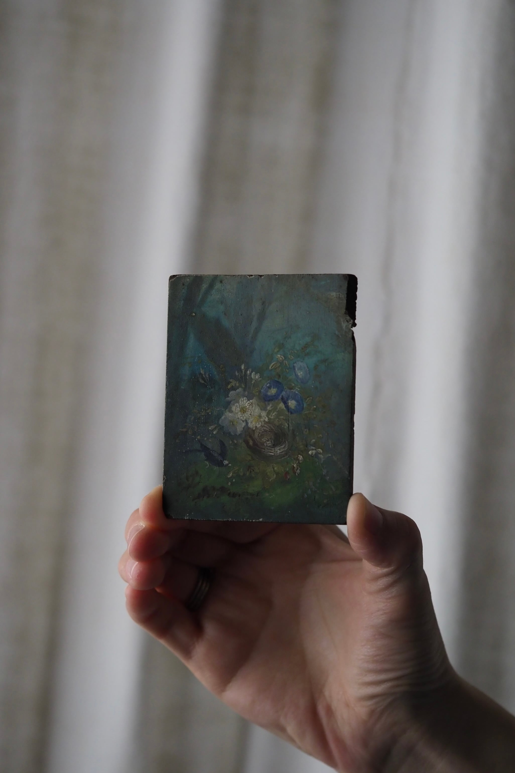 小さな板絵 青い世界-antique oil painting wood plate | アンティーク