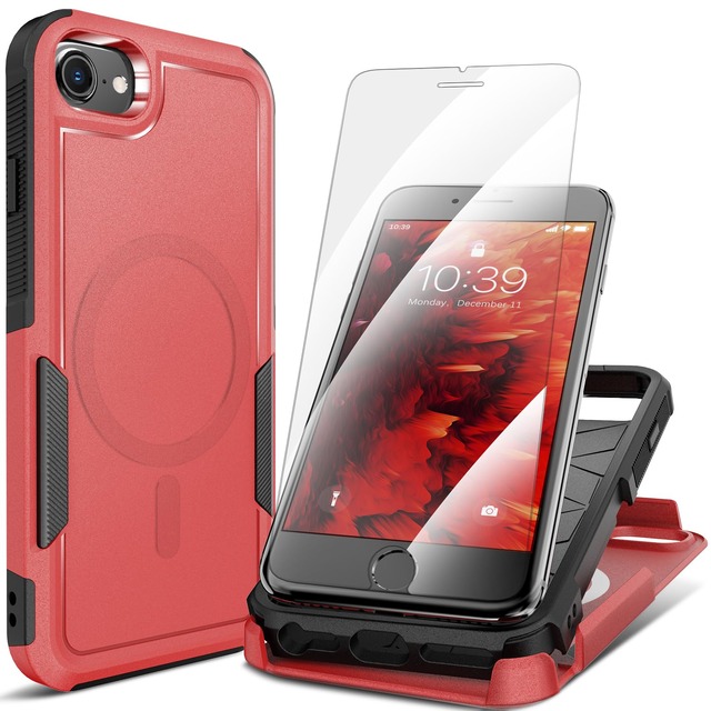 MHYALUDO iPhone SE 第 3 世代 2022/第 2 世代 2020 ケース、iPhone 8/7 ケース、2X 強化ガラススクリーンプロテクター付き、360° フルボディ耐衝撃性、高耐落下性、ハード PC & ソフト TPU 2 in 1 デザイン、クリムゾン