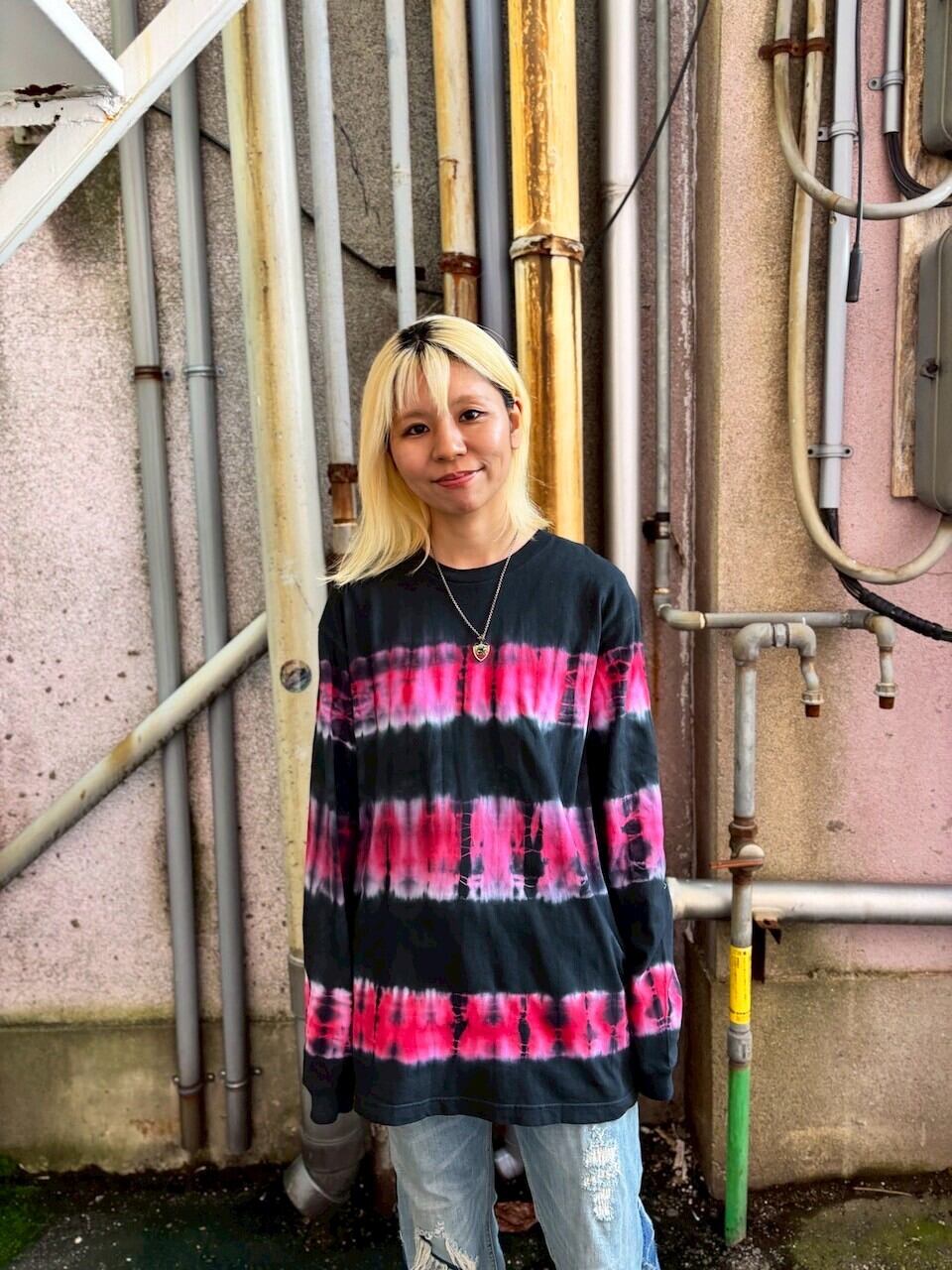 タイダイ Tie-dye 長袖Tシャツ Lイサイズ ブラック×レッド ボーダー