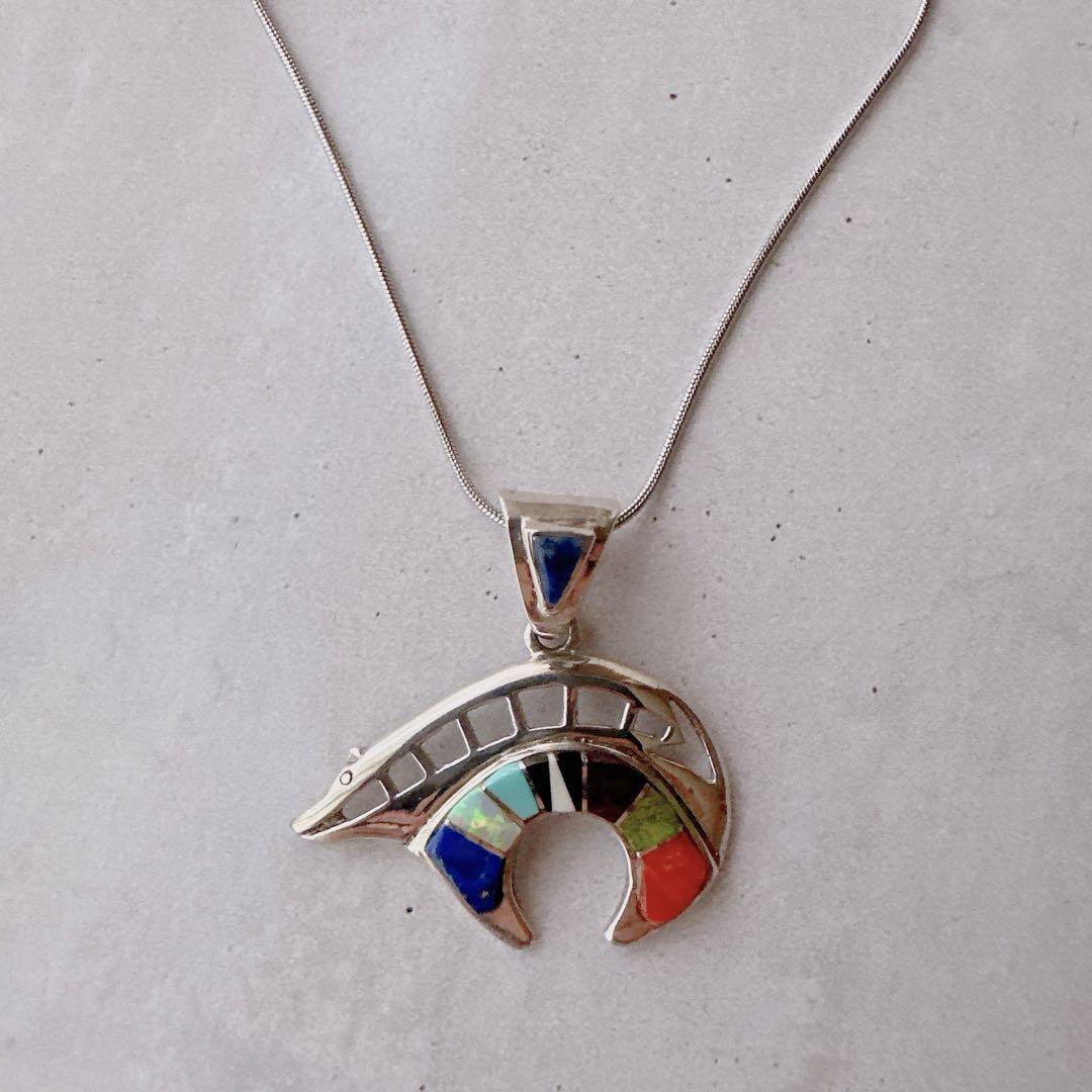Vintage Zuni Inlay Bear Pendant Top 【J651】 | Pay ID