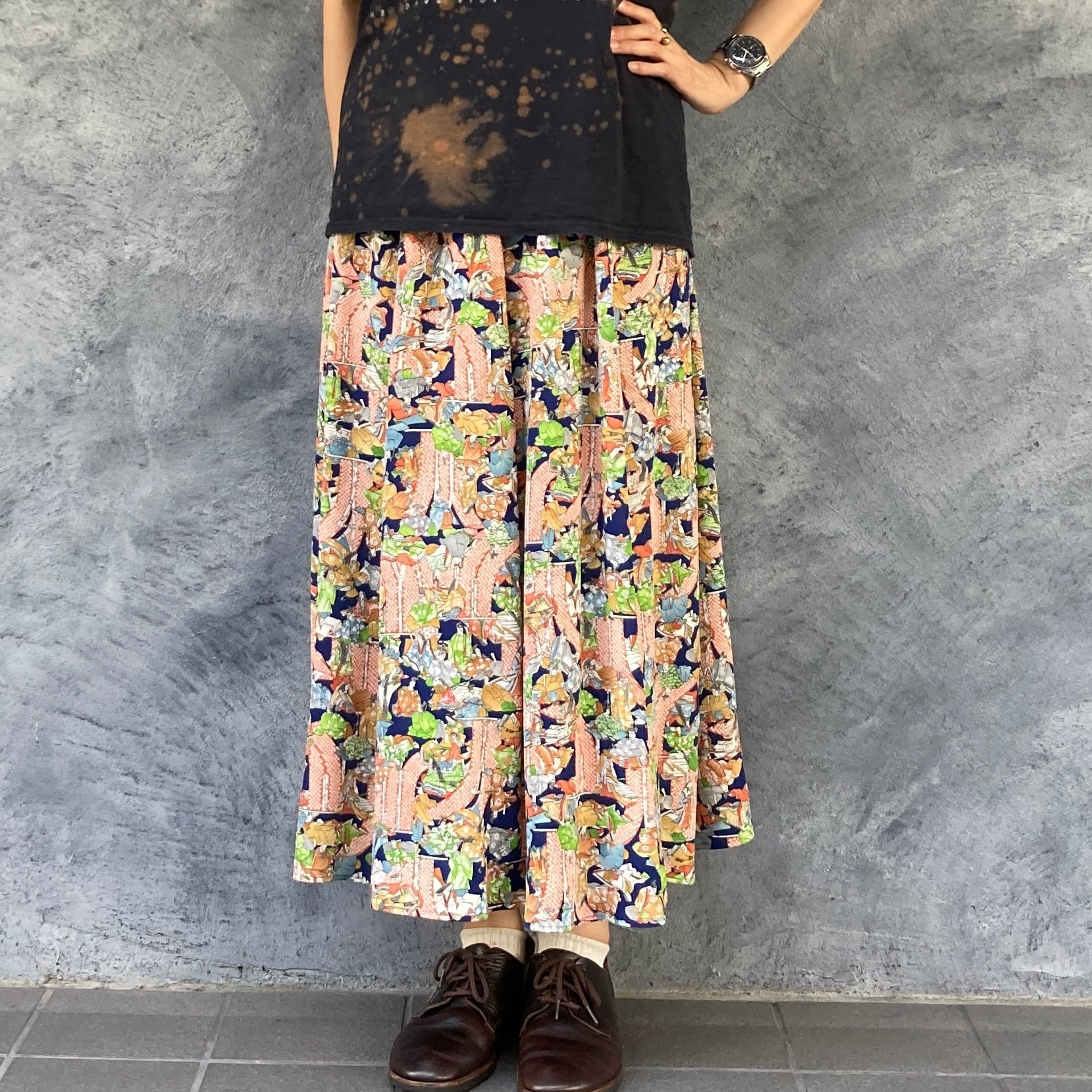 着物リメイクギャザーロングスカート - kimono elastic waist skirt