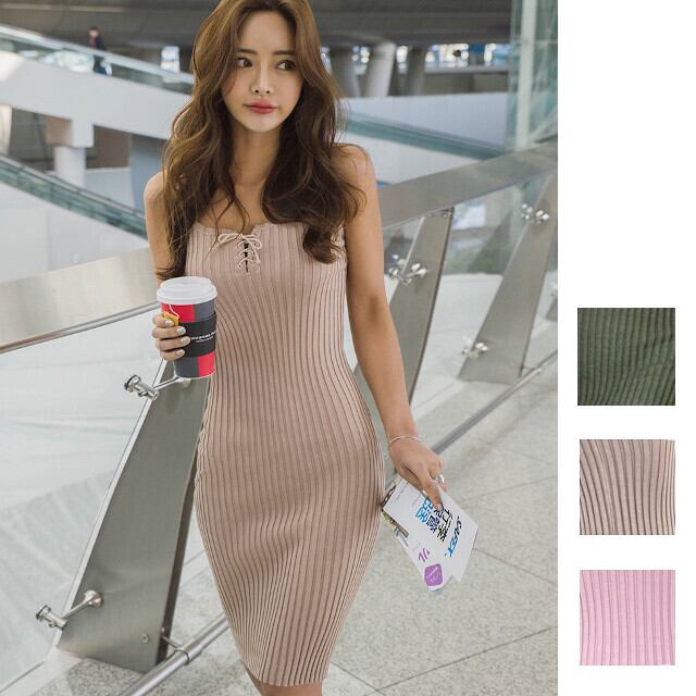 ワンピース レースアップ ノーカラー タイト リブニットカットソー 膝上丈 ミニワンピース キャミワンピ 無地 カジュアル ルームウエア グリーン/ベージュ/ピンク