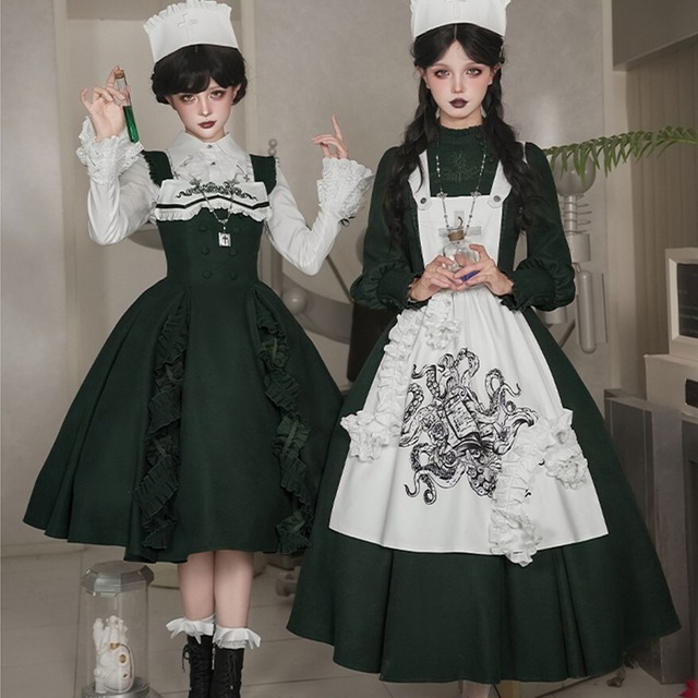 ゴシックロリィタ 5点セット ロングワンピース ナース風 メイドエプロン 秋冬 PUJI