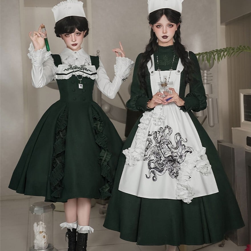 ゴシックロリィタ 5点セット ロングワンピース ナース風 メイドエプロン 秋冬 PUJI