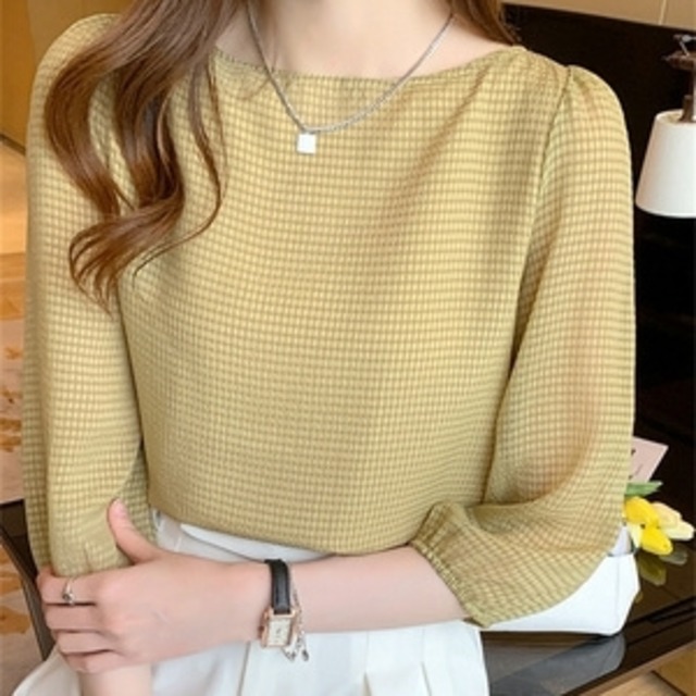 シャツ スクエアネック パフスリーブ プルオーバー シースルー ブラウン ブラック 黒色 スリム 美シルエット 襟なし チェック柄 柄物 トップス レディース 女性用 個性的	クール	主役級 存在感	とろみ感 抜け感 上品 楽ちん こなれ感 ラフ カジュアル 韓国風 大人可愛い きれいめ シンプル おしゃれ 着やせ スタイルアップ OL 学生 ママ  10代 20代 30代 40代 50代 デート お出かけ 女子会 休日 アウトドア イベント 旅行 入学式 入園式 卒園式 送料無料 インスタ映え