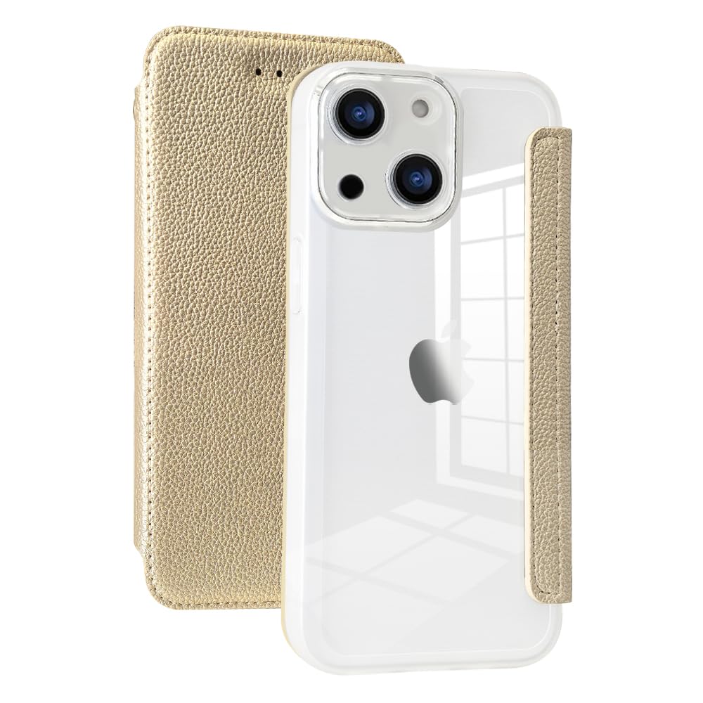 【努力特価】スマホケース 対応 iPhone15 手帳型 クリア ケース 透明 キラキラ かわいい おしゃれ 高級なPUレザー+TPU ソフト レンズかばー付き 装着簡単 衝撃吸収 軽量 薄型 ブランド アイフォン15 手帳型 ケース (ゴールド iPhone 15)