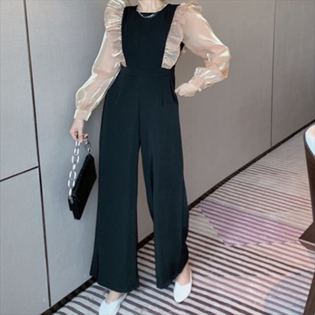 【送料無料】 パンツドレス エレガント系 きれいめ フェミニン 大人可愛い こなれ感 長袖 フリル 長袖 バイカラー 春 30代 40代 体系カバー レディースファッション 可愛い お出かけ 女子会 デイリーユース お茶会 お呼ばれ