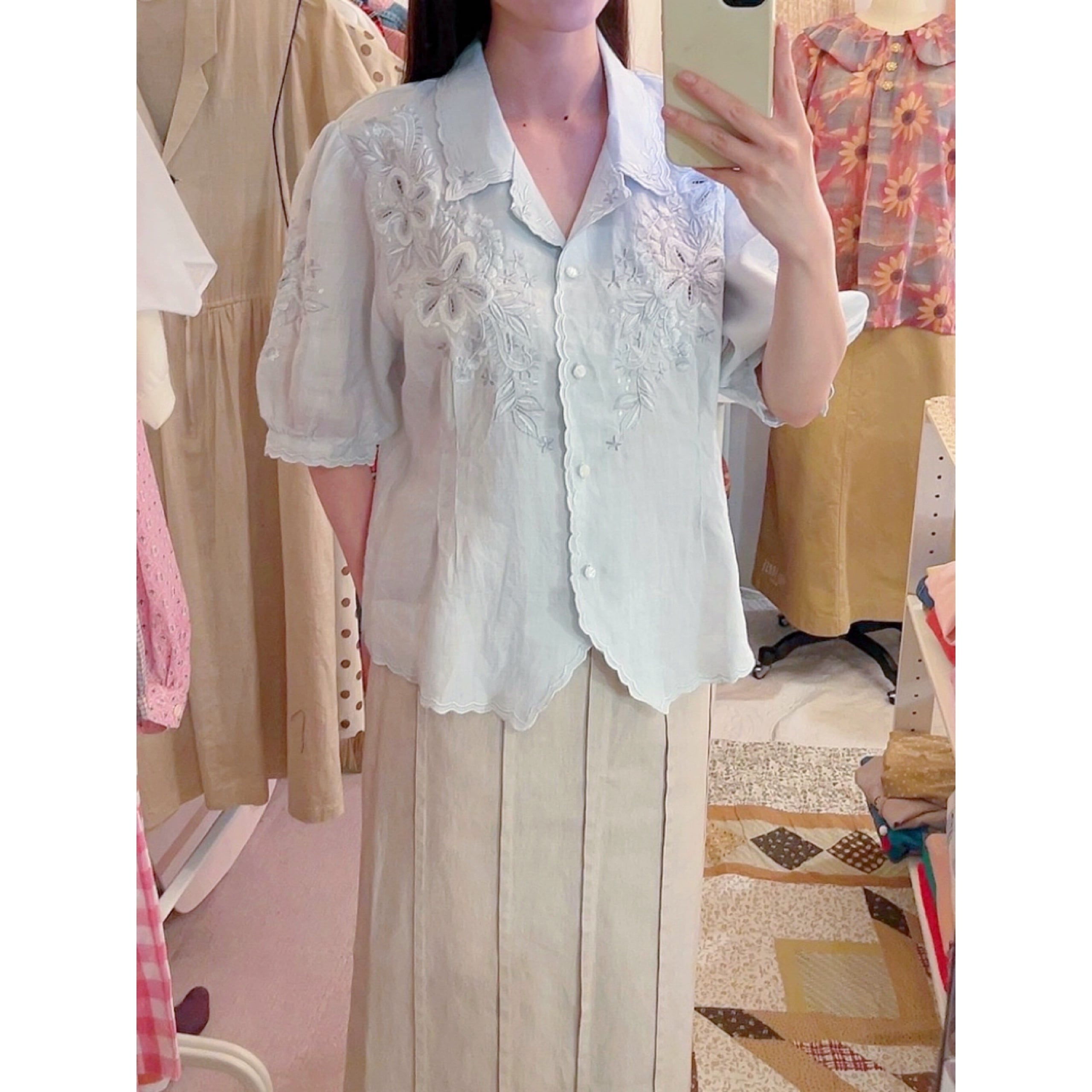 light blue flower embroidery blouse