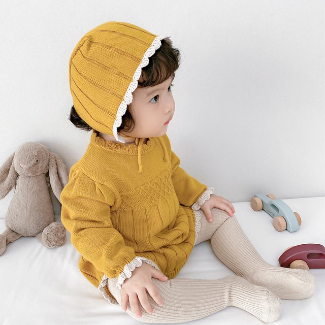 スプリングオータムスリーブワンピースニットロンパース オールインワン コットン 帽子 春物 秋物 ピュア 超面白いベビーショップ55950092024
