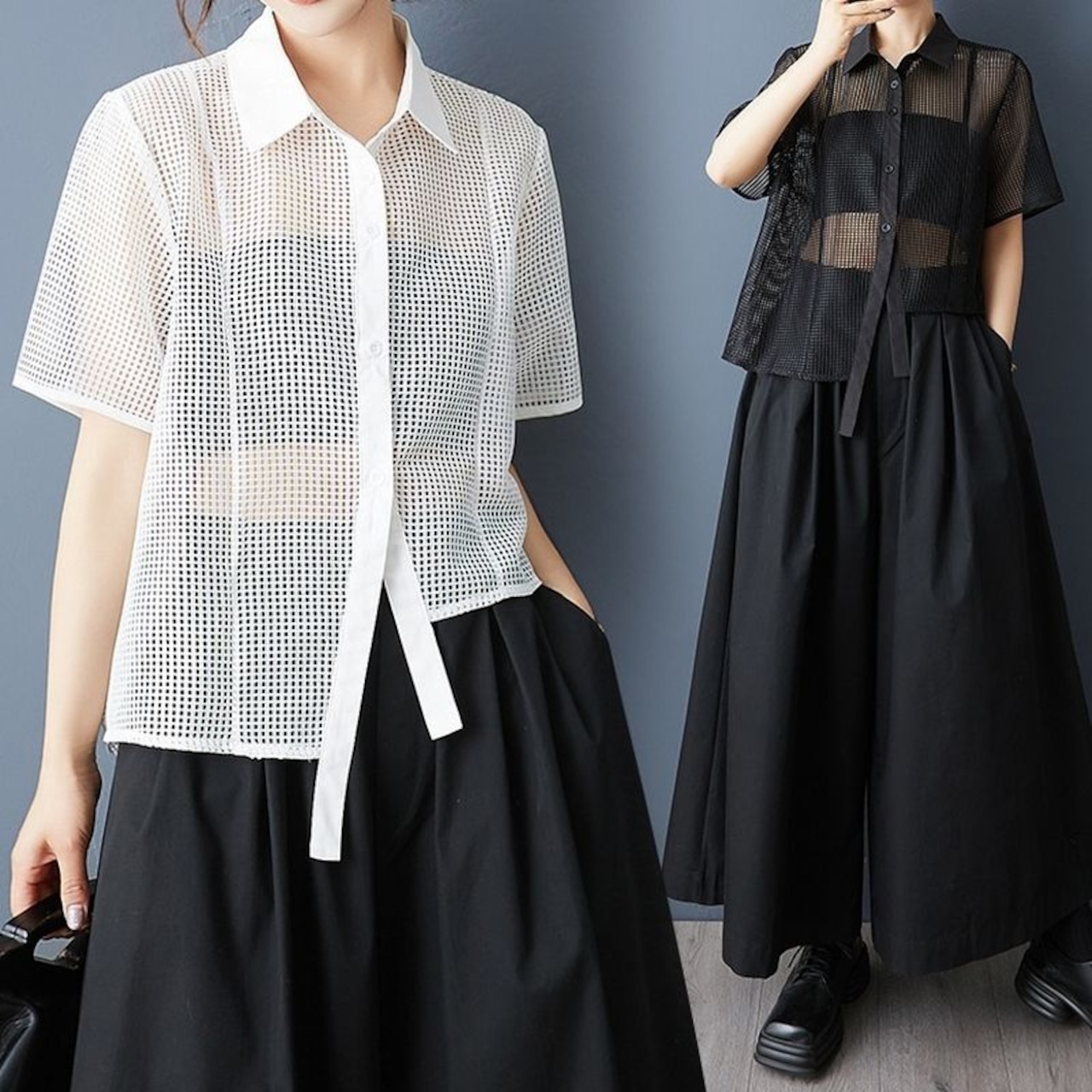 メッシュ素材 アシメントリックヘム シャツ30122