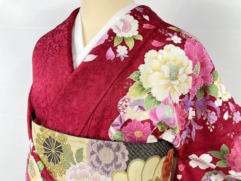 京友禅 刺繍 銀通し 帯セット 振袖 袋帯 花柄 トールサイズ 正絹 赤