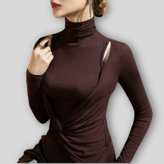 ハイネック ショルダーカット ツイスト スリム トップス 3col D00532