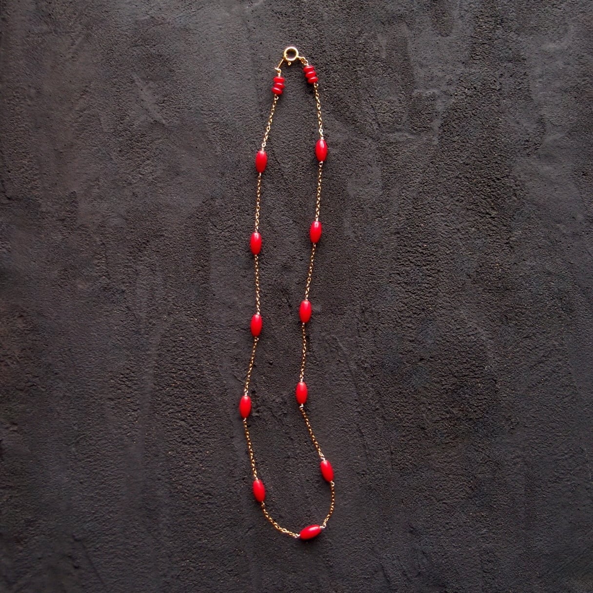 【K14gf】Red Coral Station Necklace/レッドコーラル ステーションネックレス(Rice Shape)