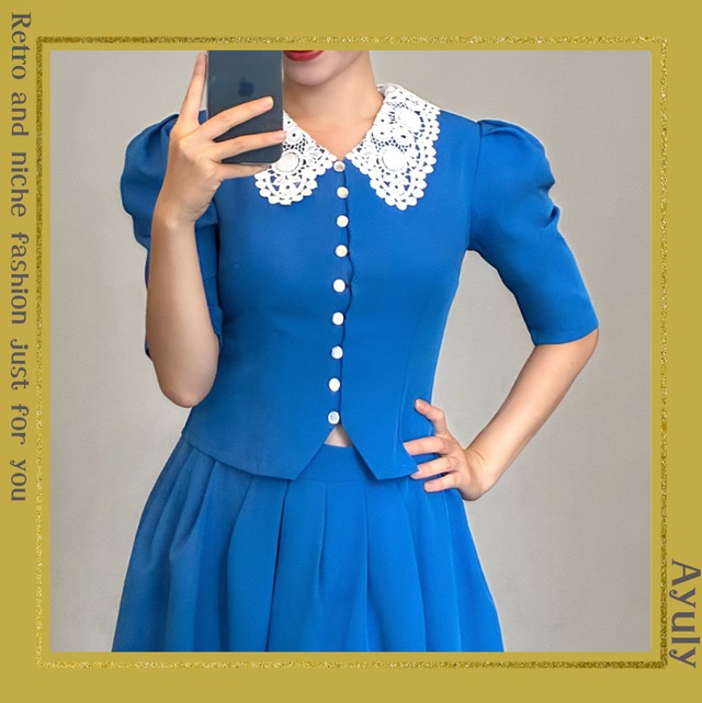 レースカラーパフスリーブトップス＆スカートセット　25534