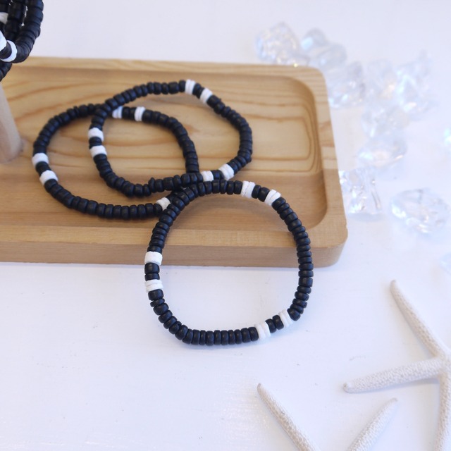 ココナッツビーズ バングル ブラックブレスレット トコビーズ 天然素材 ナチュラルビーズ 夏ブレス HAWAII ハワイ直輸入＜細 シェルMIX＞