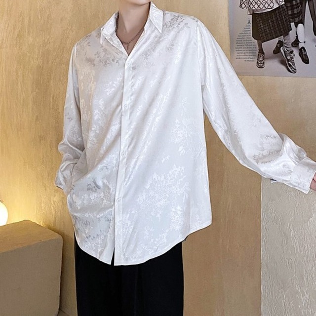 韓国風　サテン長袖シャツ　２カラー　A2176