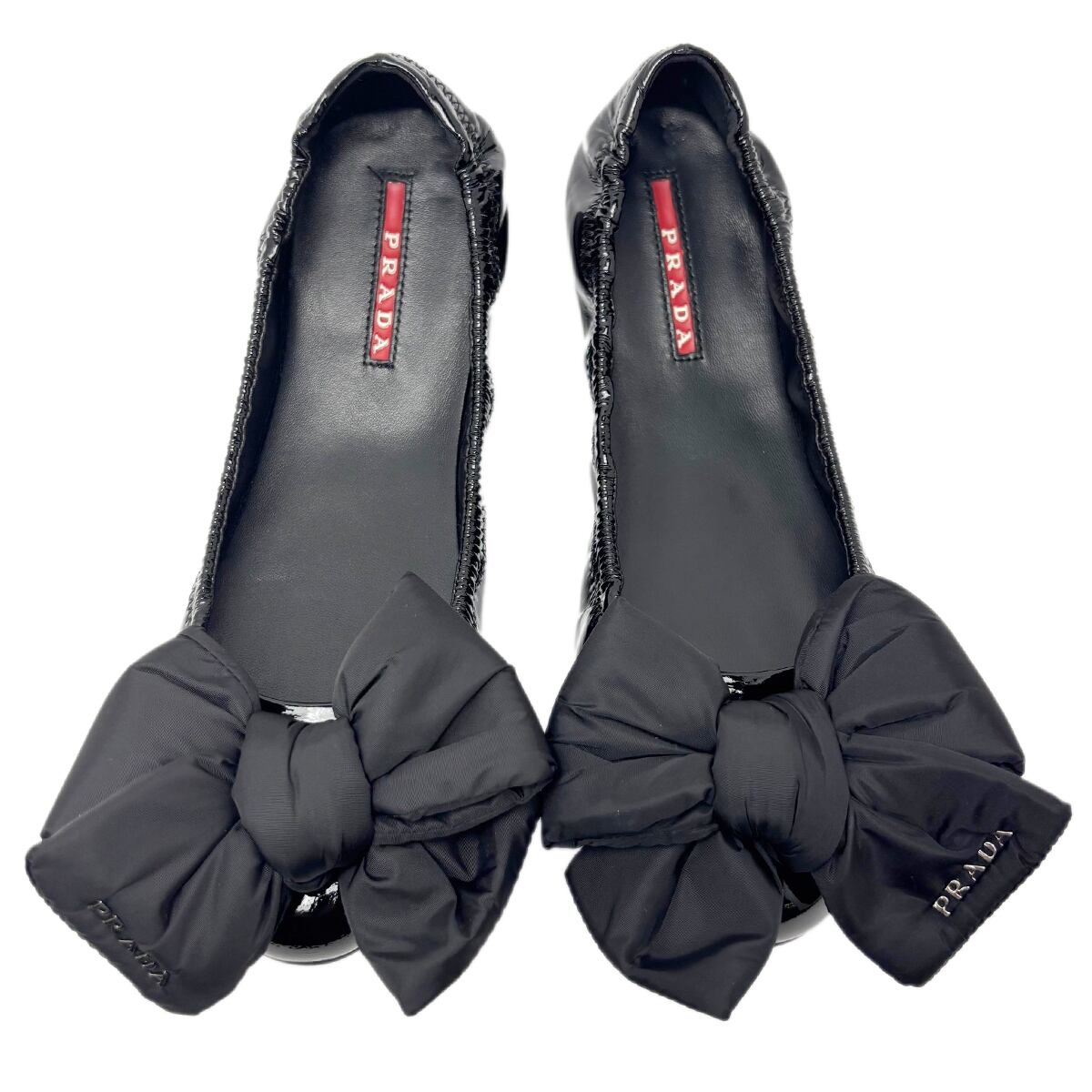 美品　PRADA ビッグリボン　バレエシューズ　ブラック 3F5083 22.5 中古】 プラダ フラットシューズ バレエシューズ リボン パテント