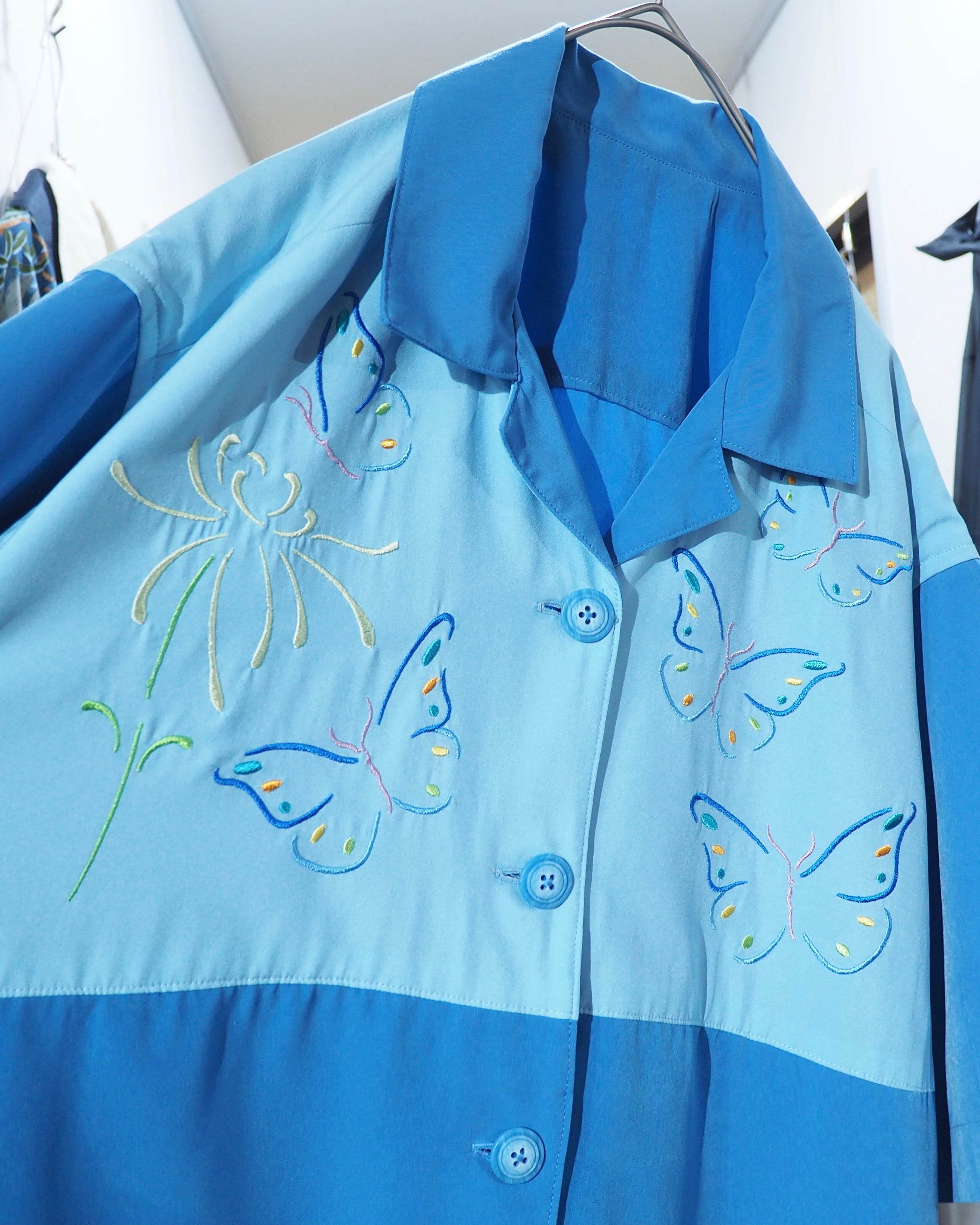 Beautiful Butterfly Embroidery vintage loose Open collar SS shirt
