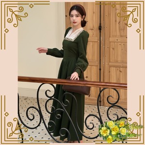 ♦クラシカルスクエアネック ロングワンピース～アンティークグリーン♦ trnd046