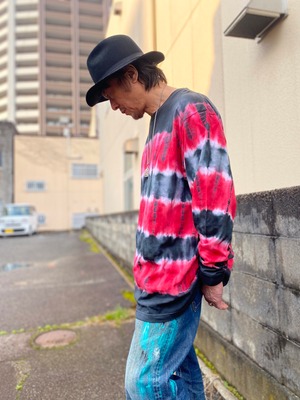 タイダイ Tie-dye 長袖Tシャツ  XXLサイズ ブラック×レッド ボーダー HIPPIES DYE HD25-60