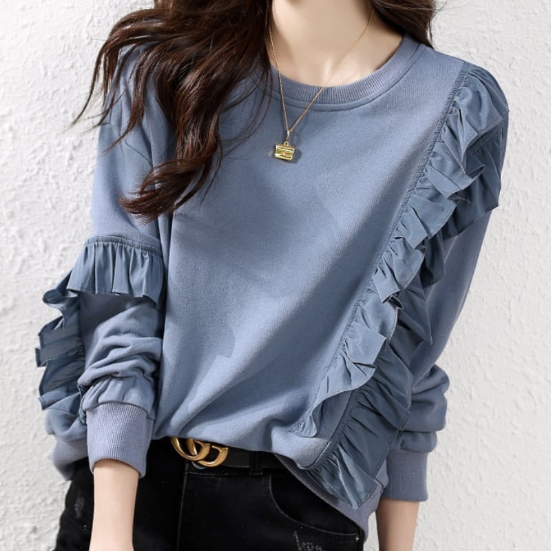 フリルスリーブ長袖 クルーネック スウェットトップス 1col N00009