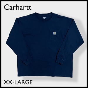 【Carhartt】長袖Tシャツ ロンT ロングスリーブ long sleeveワンポイントロゴ ポケットTシャツ ポケt 2XL ビッグシルエット ゆるだぼ ネイビー US古着