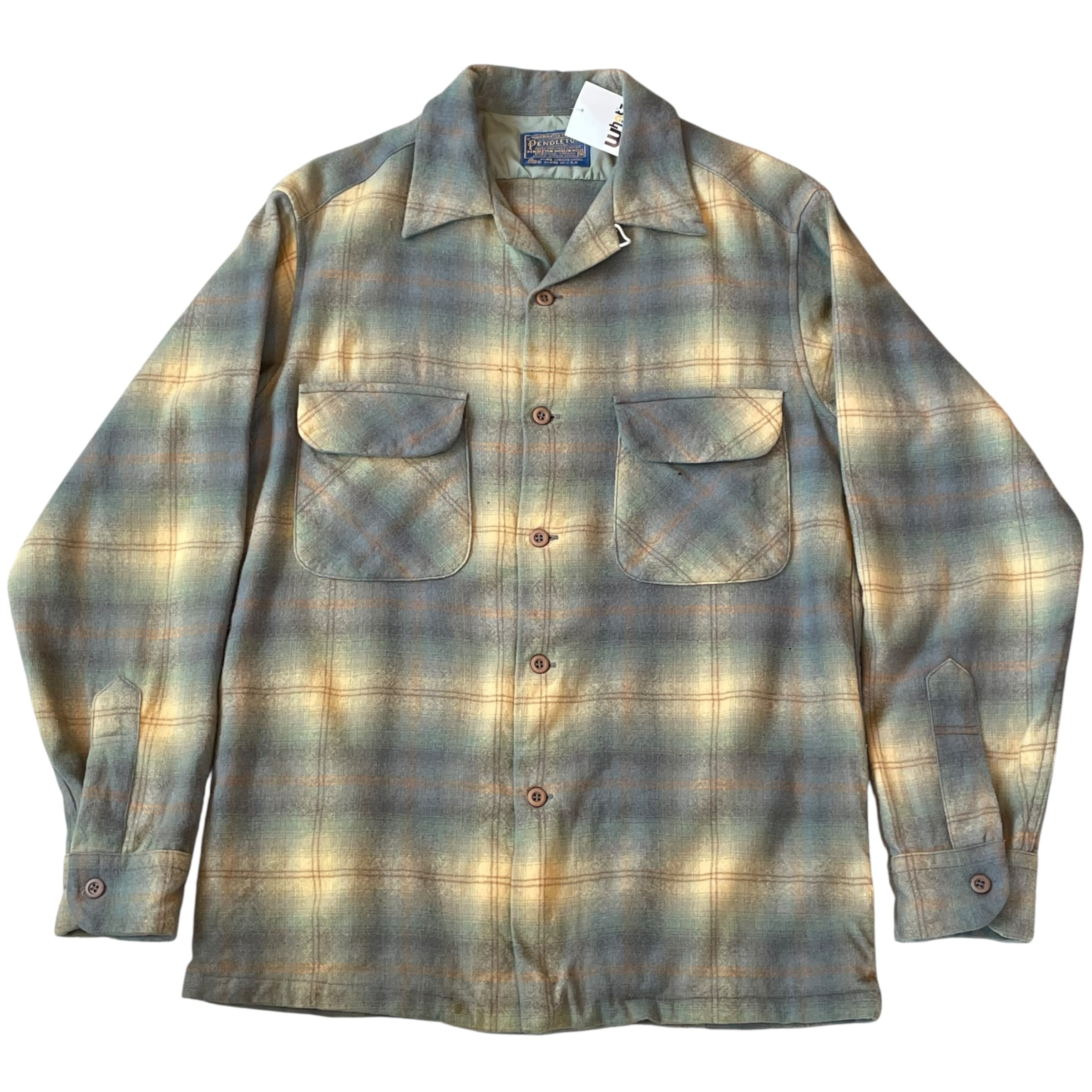 70s PENDLETON "Blue beige ombre check" wool board shirt