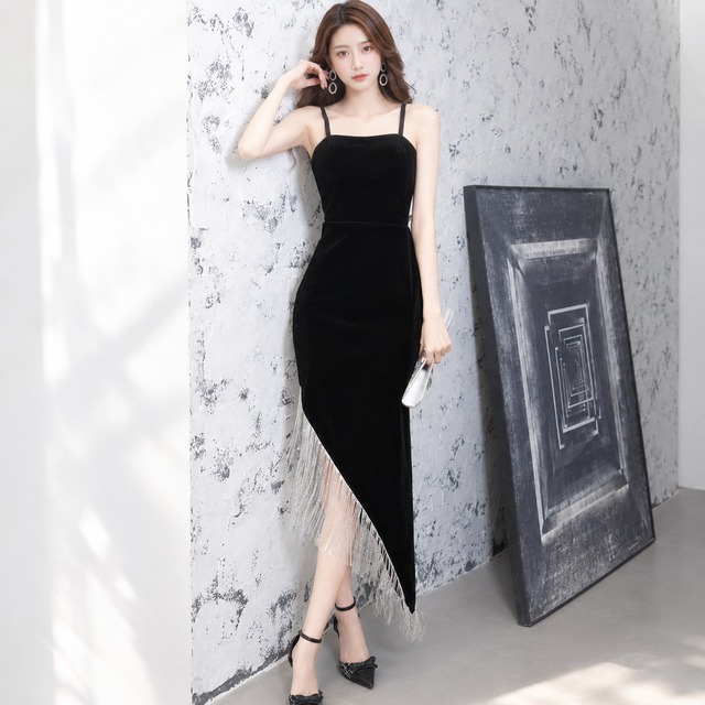 Fringe-hemmed camisole long dress V3602
