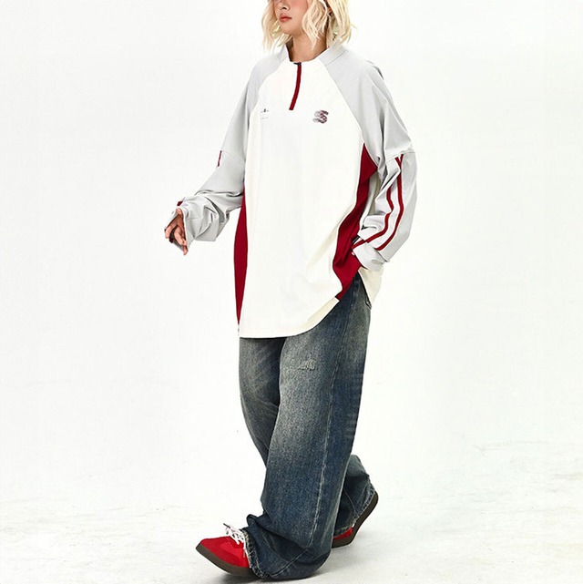 ラインスリーブハーフジップトップス
 2col   R01609