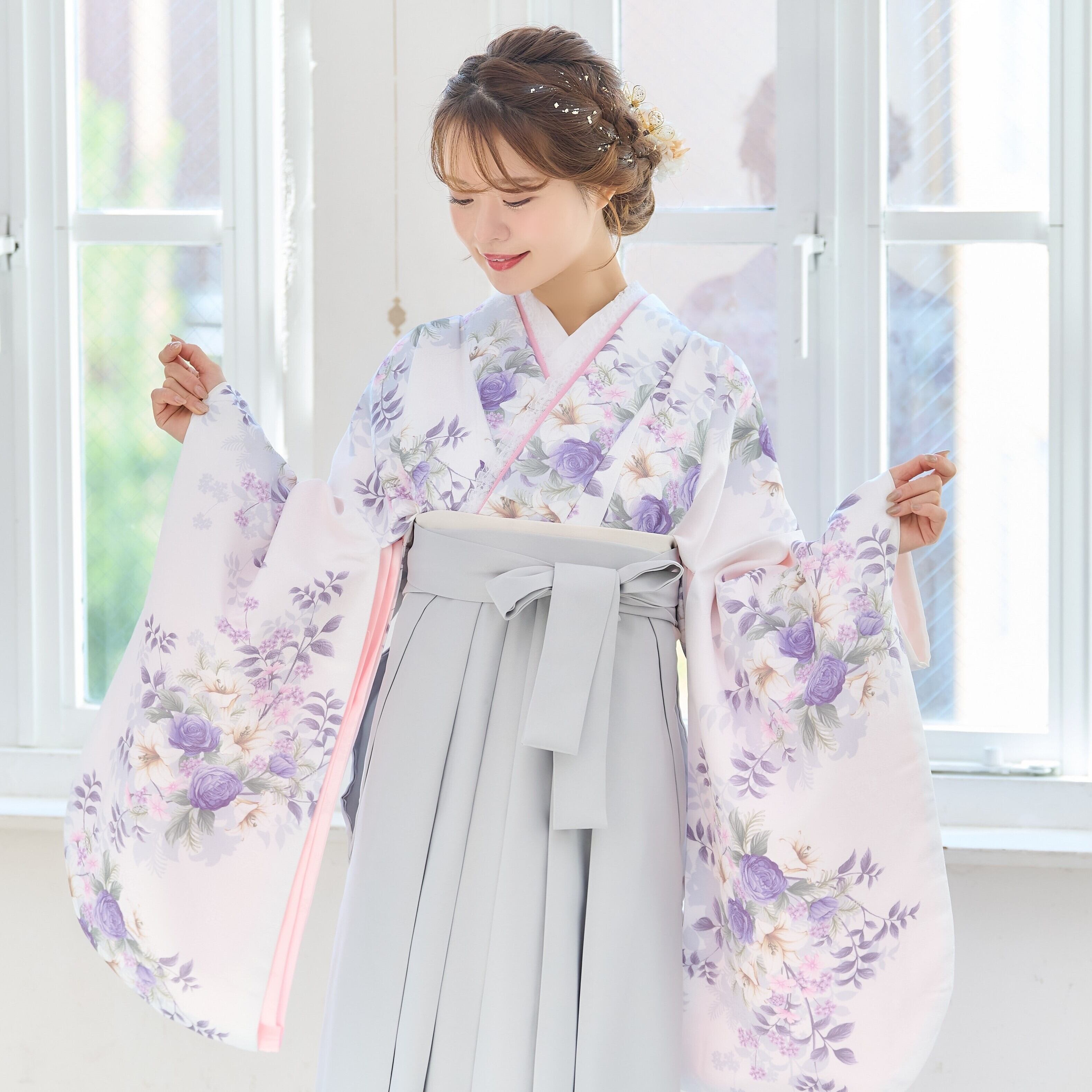 紫と白の花柄着物 身長130cm 重ね襟付き レース(リバーシブル)重ね衿☆振袖/袴/訪問着/ | ANDESIR