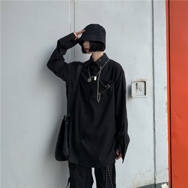 ストリート系 病みかわいい 黒シャツ レトロ オーバーサイズ ユニセックス 韓国ファッション 原宿系 10代 代 天使と悪魔 サブカル系 ファッション Seasonz