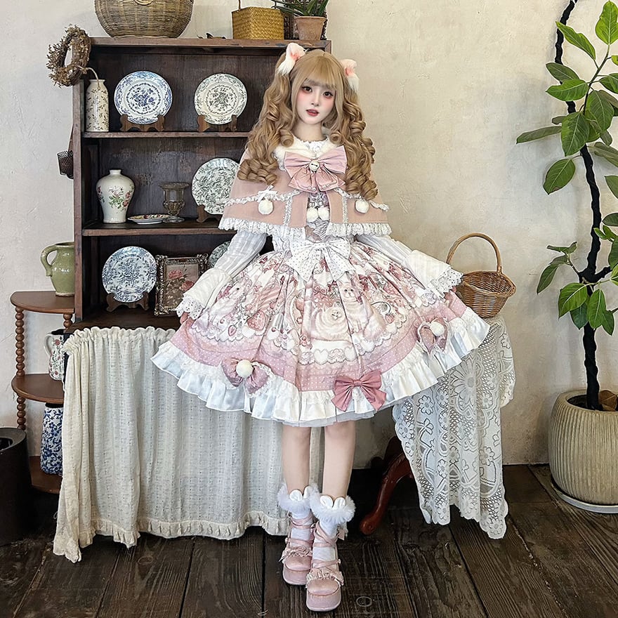 量産型 セットアップ ケープ×猫柄ドレス ピンク×フリル｜WithU