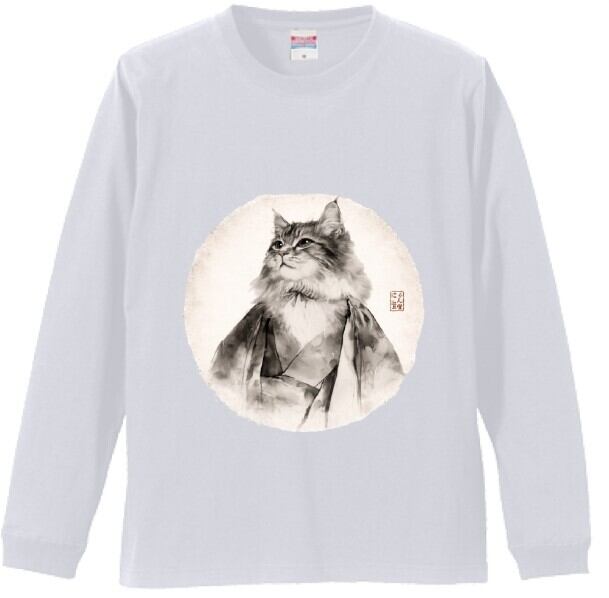 水墨画風 猫のアートロンT  リブ付/ Ink-style cat art long-sleeved T-shirt