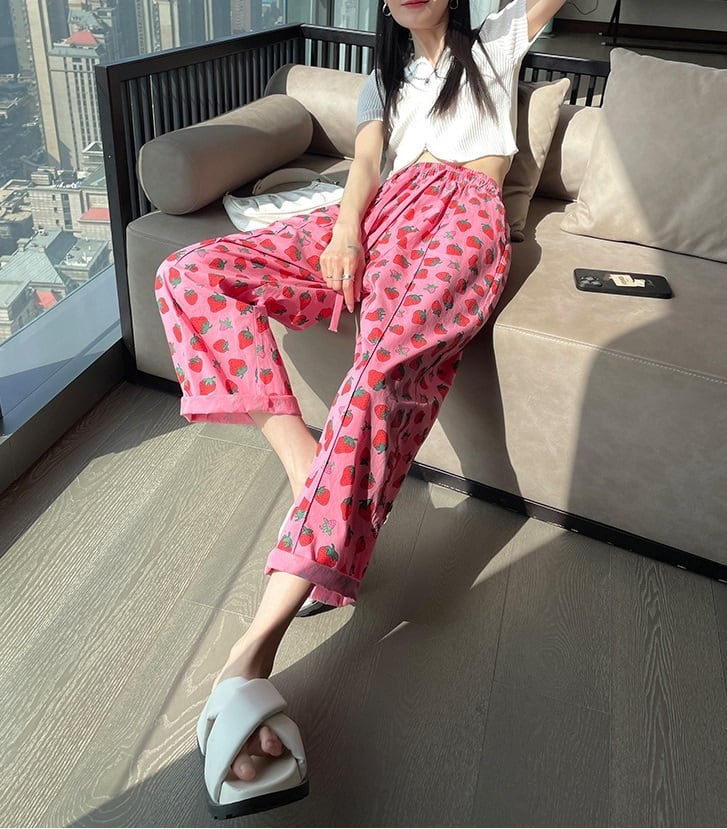 いちご柄 ハイウエスト カジュアルパンツ レディース パンツ ボトムス