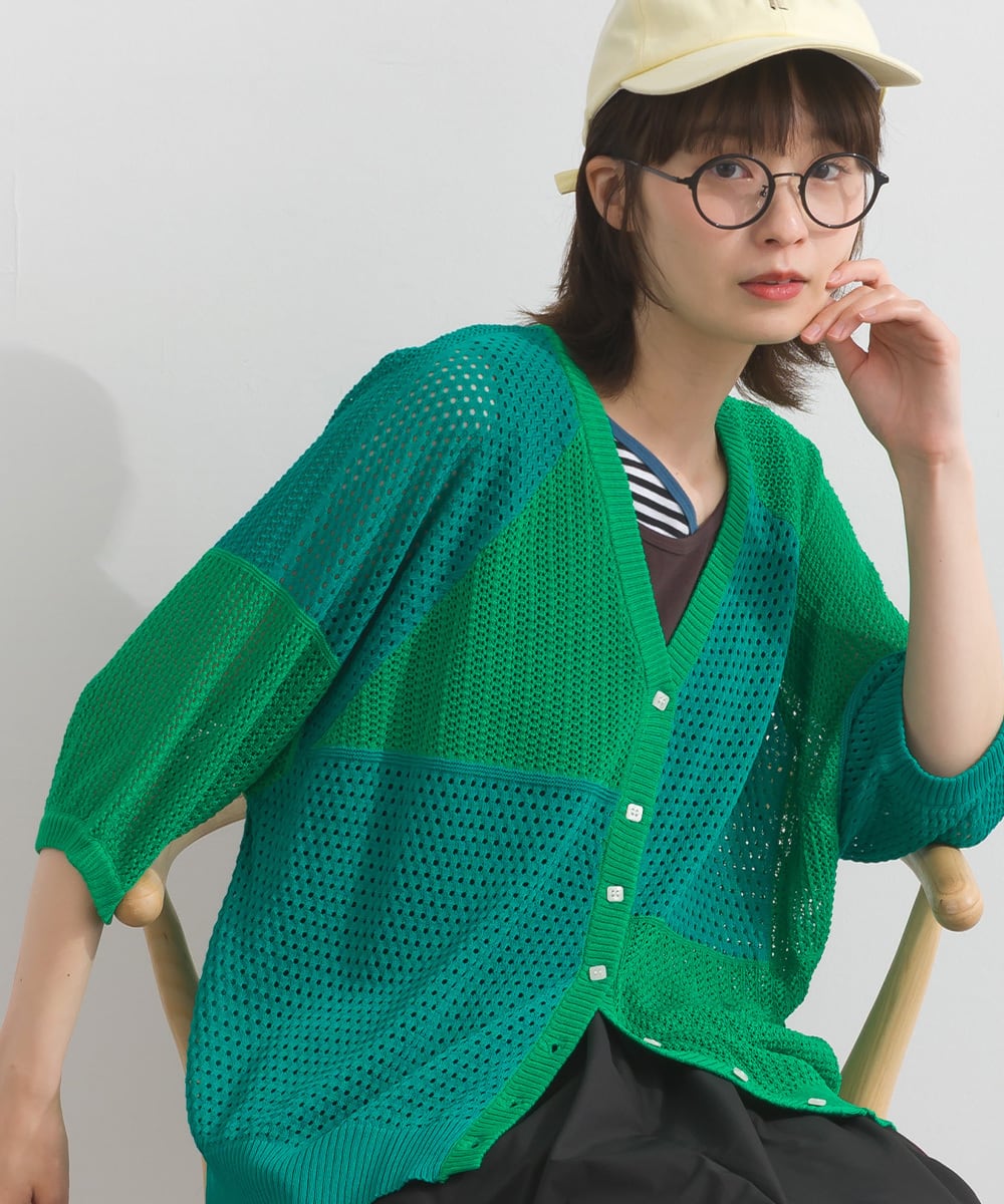 サカイ パッチワークニットカーディガン ウール 2 M 緑 22-06232 sacai - サカイ パッチワークニットカーディガン ウール 2 M 緑 22