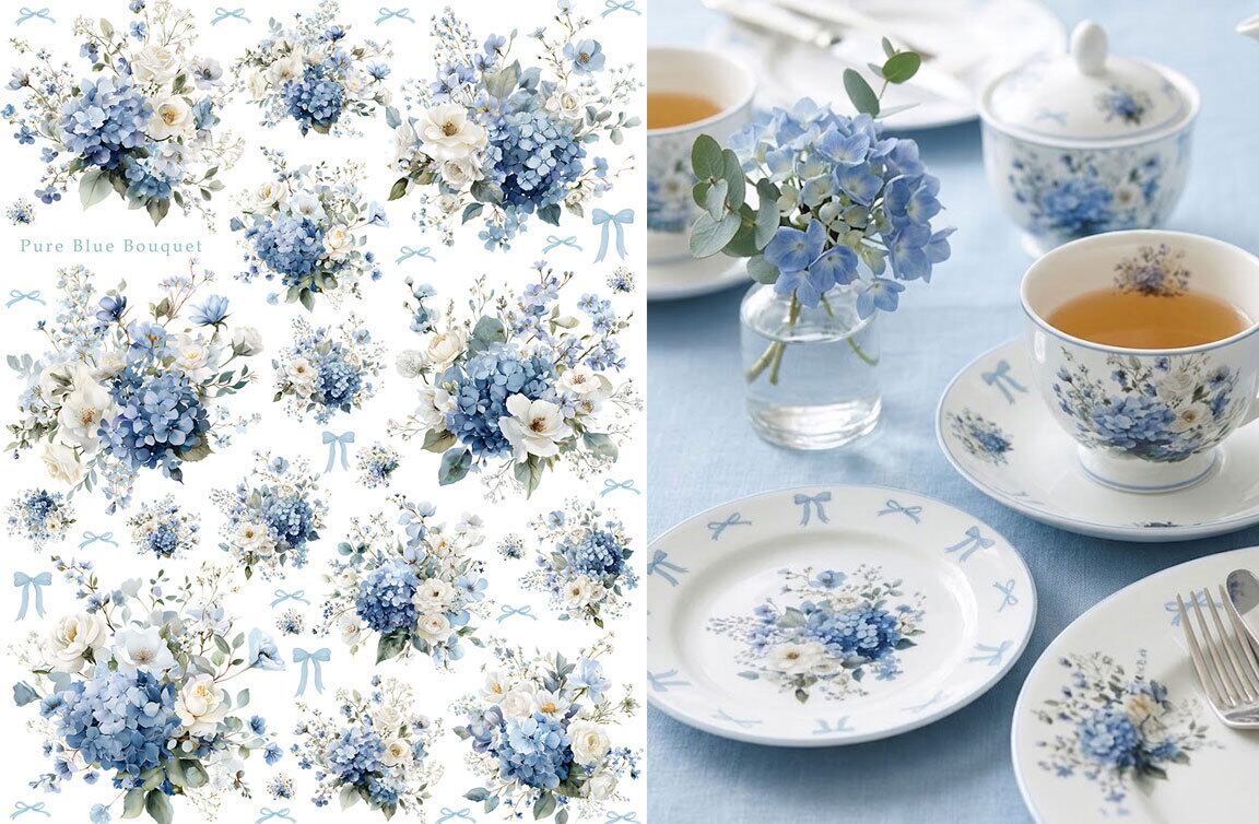 白磁用水彩Pure Blue Bouquet転写紙 ピュアブルーブーケ A4サイズ (ポーセリンアート用転写紙)