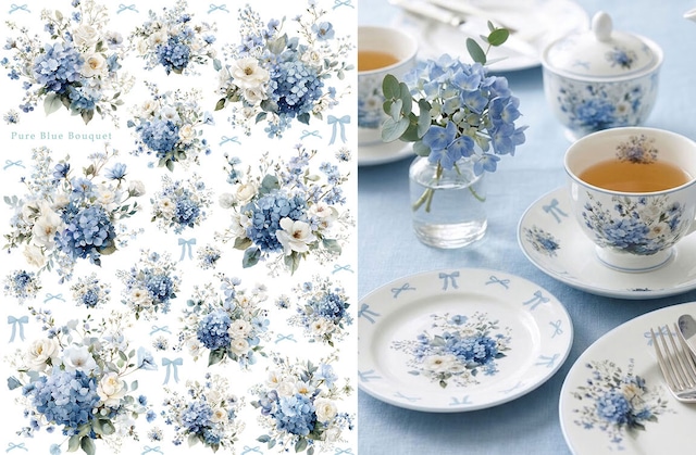 白磁用水彩Pure Blue Bouquet転写紙 ピュアブルーブーケ A4サイズ (ポーセリンアート用転写紙)