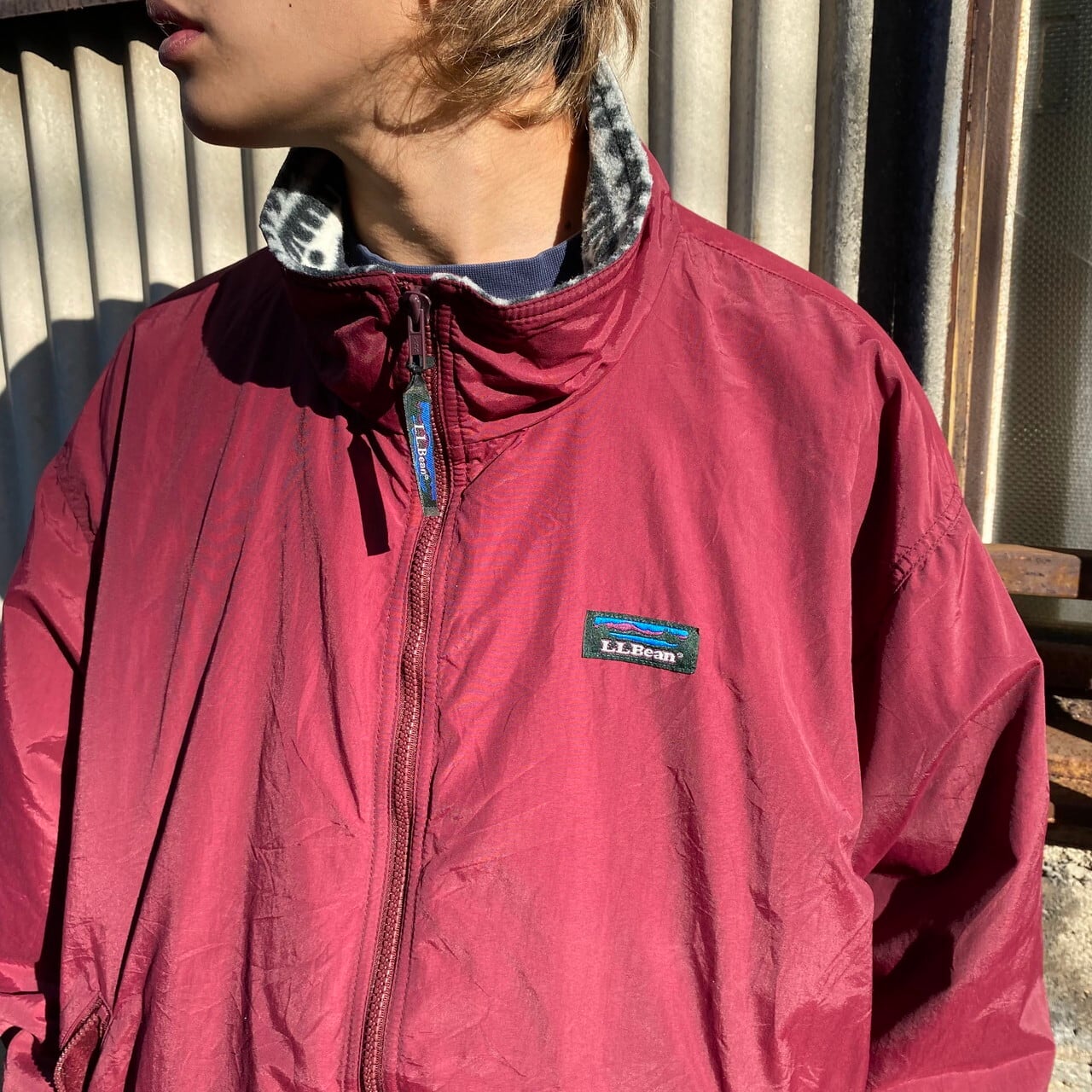 ビッグサイズ 80年代 USA製 山ロゴ カタディンロゴ L.L.Bean エルエルビーン Warm-up Jacket フリースライナー  ナイロンジャケット メンズ2XL相当 古着 80s ヴィンテージ ビンテージ ワインレッド ボルドー ノルディック柄 ウォームアップジャケット ...