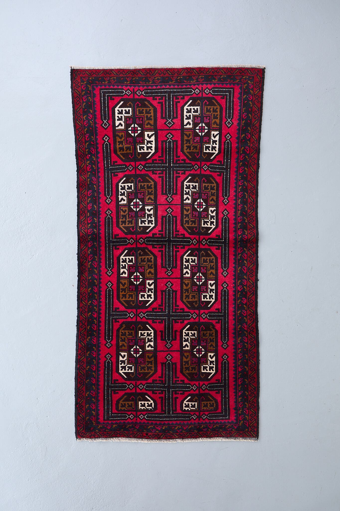 No.163ヴィンテージラグ トライバルラグ バルーチ族(199×103cm)茶・赤・紺・黒